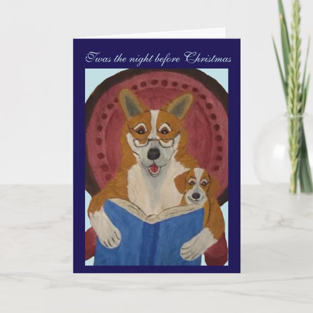 Welsh Corgi läser julberättelse för valp Kort (Framsida)
