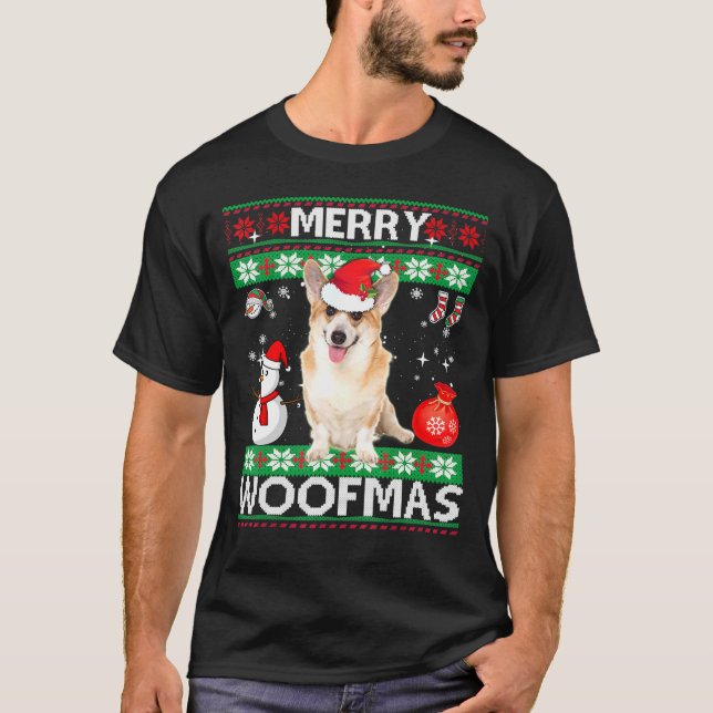 Welsh Corgi Merry Woofmas jul T Shirt (Framsida)