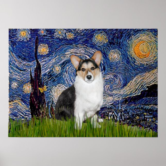 Welsh Corgi Tri Färg - Starry Night Poster (Framsidan)