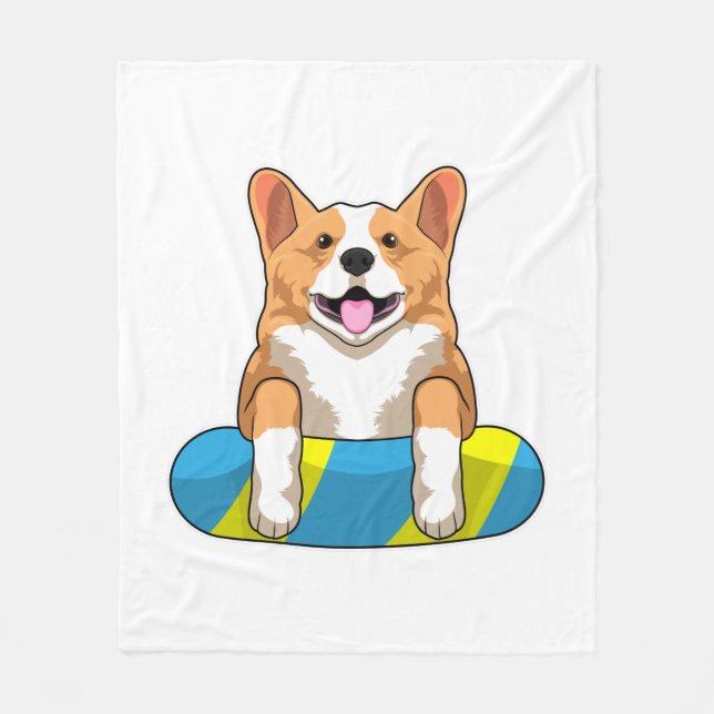 Welsh Corgi vid Swimming med Swimming board Fleecefilt (Framsidan)