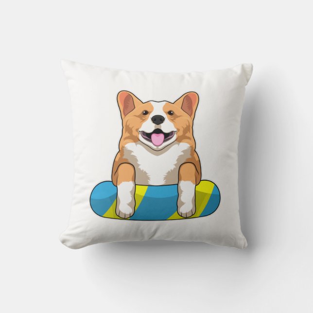 Welsh Corgi vid Swimming med Swimming board Kudde (Framsida)