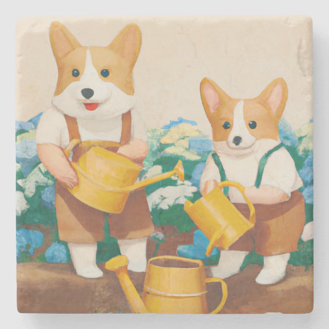 Welsh Corgi's Watering the Blomsterträdgård Stenunderlägg (Framsidan)