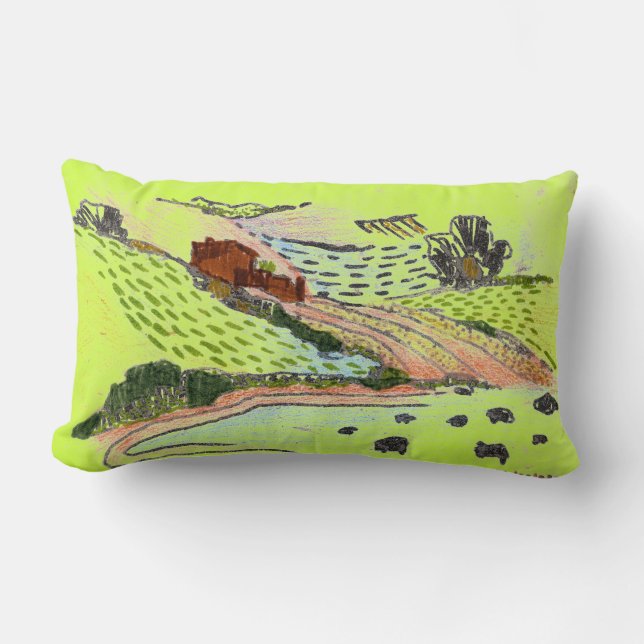 Welsh Countryside in lime green doodle sketch art Lumbarkudde (Framsida)