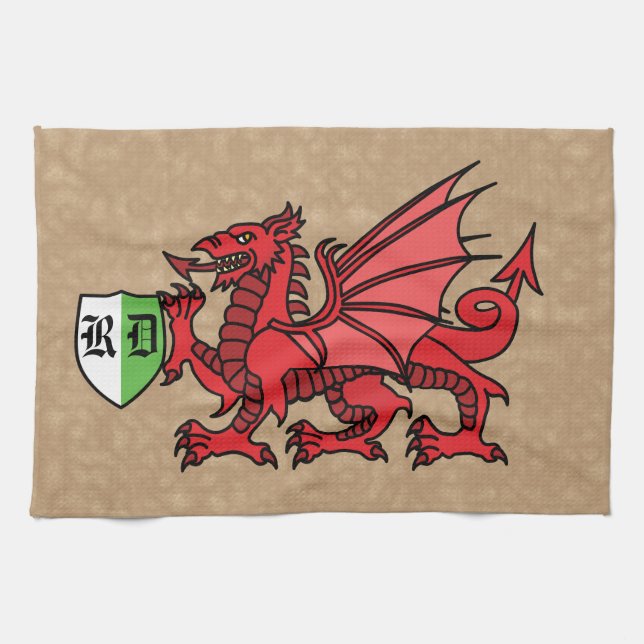 Welsh Dragon Anpassningsbar Monogram Kökshandduk (Horisontell)