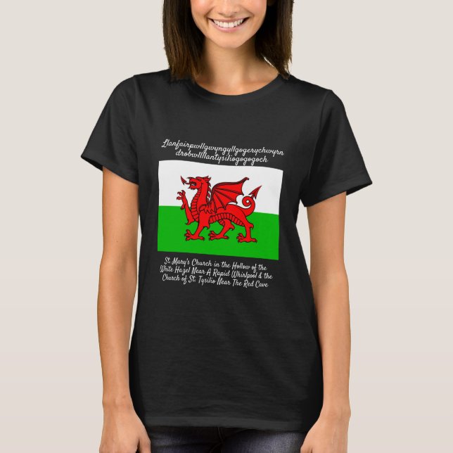 Welsh Dragon Flagga Llanfair pwllgwyngyll T Shirt (Framsida)