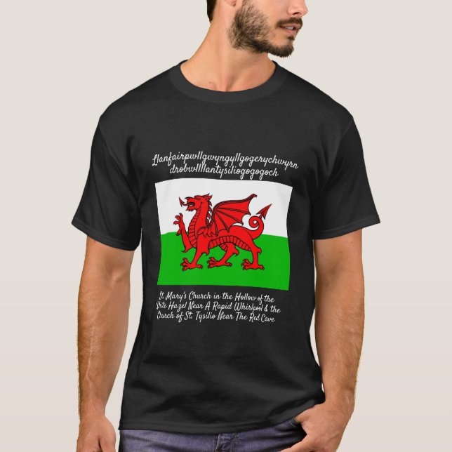 Welsh Dragon Flagga Llanfair pwllgwyngyll T Shirt (Framsida)