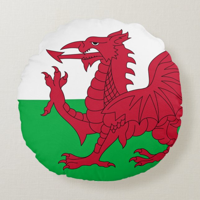 Welsh Dragon ~ Flagga of Wales Rund Kudde (Framsidan)