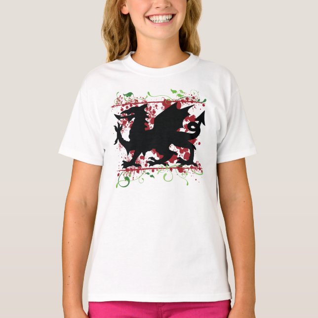 Welsh Dragon Girl's Ringer T-Shirt (Framsida)