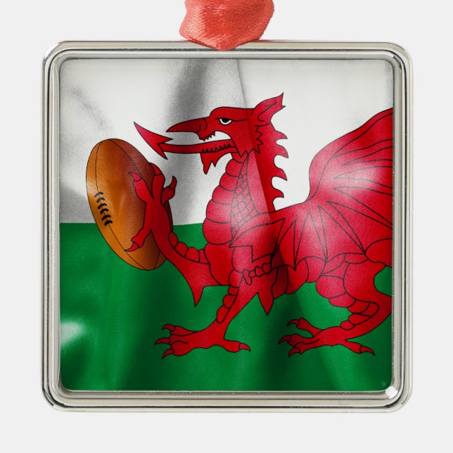 Welsh Dragon Rugby Boll Flagga Julgransprydnad Metall (Framsidan)