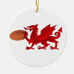 Welsh Dragon with a Rugby Boll Ceramic Ornamic Julgransprydnad Keramik