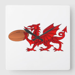 Welsh Dragon with a Rugby Boll Wall Clock Fyrkantig Klocka