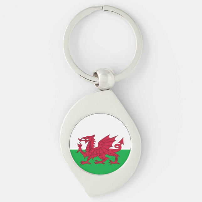 Welsh draon flagga Keychain Swirl Silverfärgad Nyckelring (Framsidan)