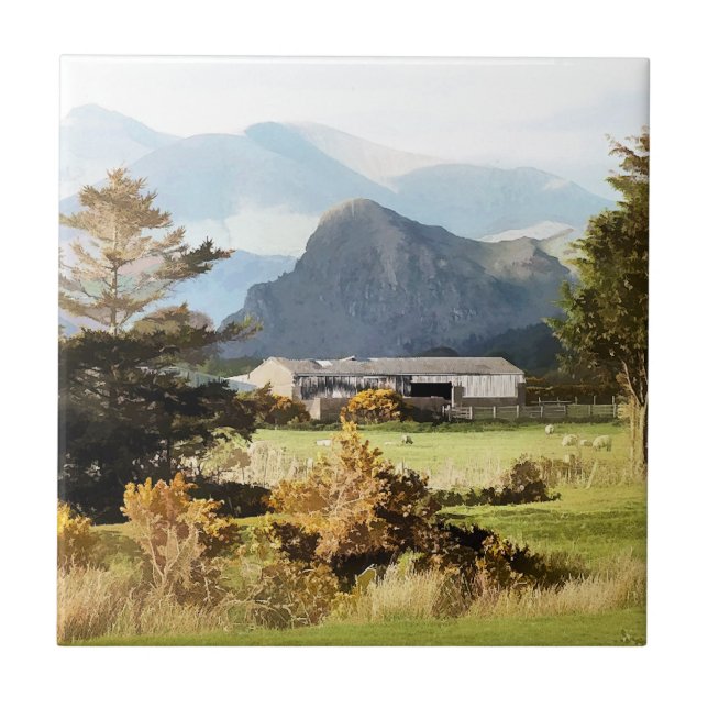 WELSH FARM OCH MOUNTAIN LANDSCAPE KAKELPLATTA (Framsidan)