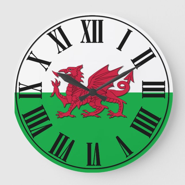 Welsh Flagga - Grönt och vit baksida, röd drake Stor Klocka (Framsida)