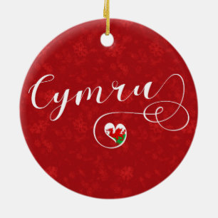 Welsh Flagga in Heart, Cymru, Wales Julgransprydnad Keramik