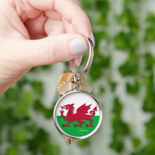 Welsh Flagga & Wales mode, sport/Cymru keychain Rund Silverfärgad Nyckelring