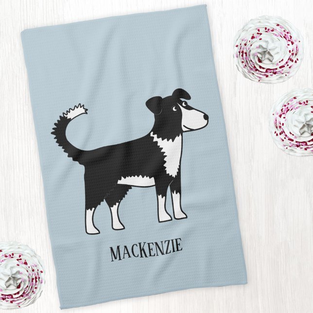 Welsh Gräns Collie Sheepdog eget namn Kökshandduk (Welsh Border Collie sheepdog personalized name art kitchen tea towel)