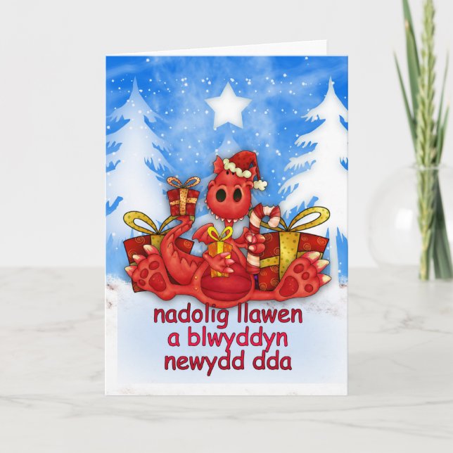 Welsh jul Card - Red Dragon - Nadolig Llawen Helgkort (Framsida)