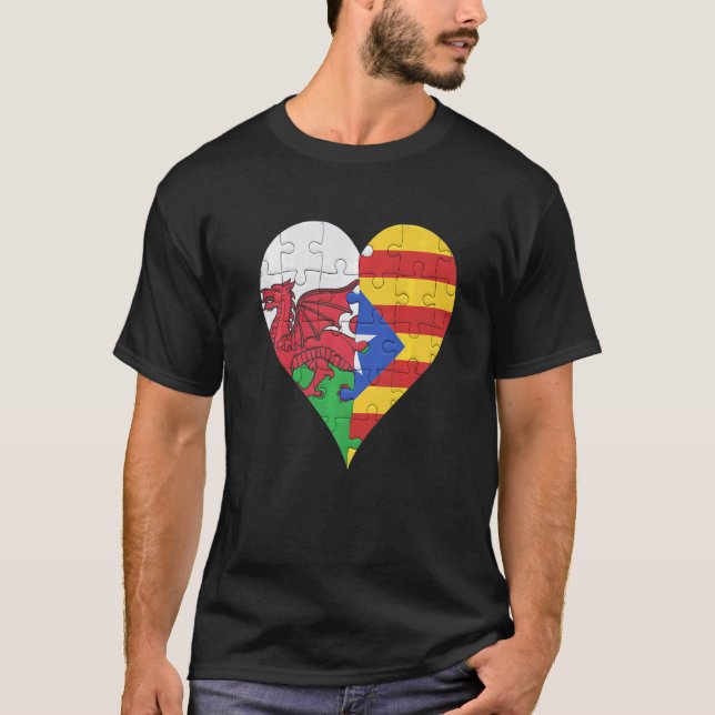 Welsh katalanska flagga hjärta t shirt (Framsida)