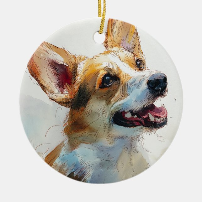 Welsh Pembroke corgi akvarell Julgransprydnad Keramik (Framsidan)