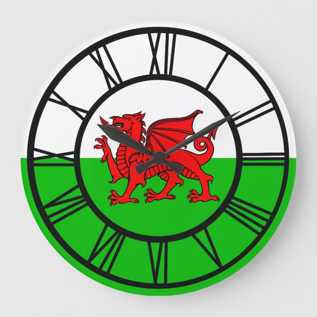 Welsh Red Dragon Wales Flagga Stor Klocka (Framsida)