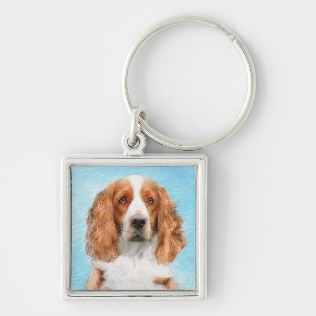 Welsh Springer Spain Painting - Original Hund Art Fyrkantig Silverfärgad Nyckelring (Framsidan)
