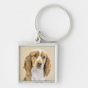 Welsh Springer Spain Painting - Original Hund Art Fyrkantig Silverfärgad Nyckelring