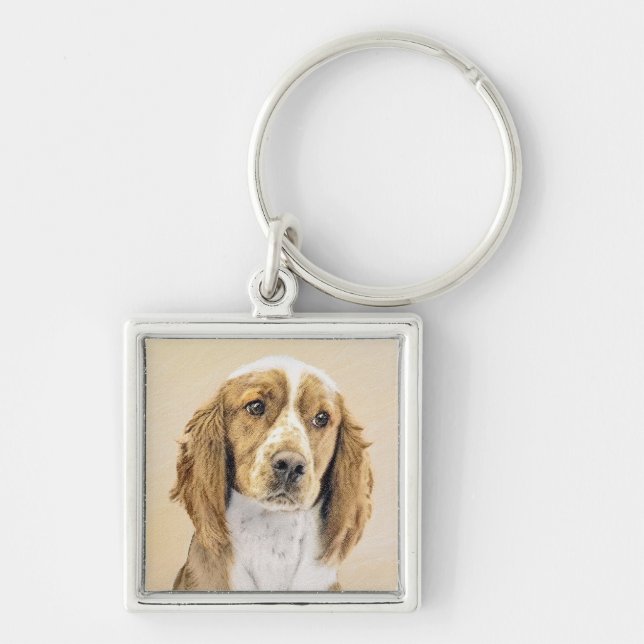 Welsh Springer Spain Painting - Original Hund Art Fyrkantig Silverfärgad Nyckelring (Framsidan)