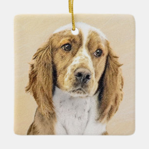Welsh Springer Spain Painting - Original Hund Art Julgransprydnad Keramik
