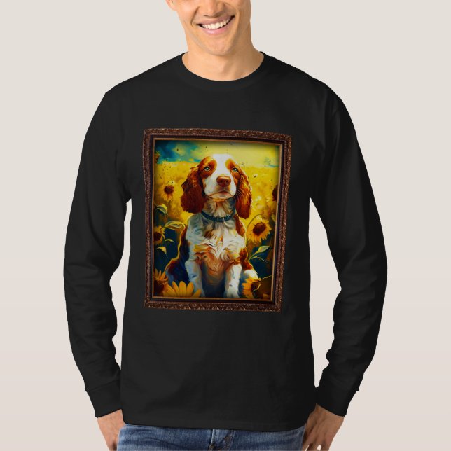 Welsh Springer Spaniel Painting Sunflower Flower M T Shirt (Framsida)