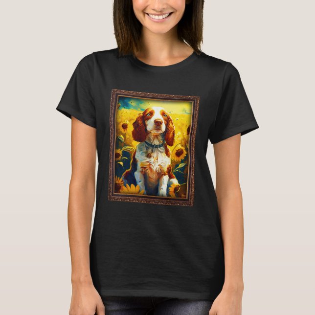 Welsh Springer Spaniel Painting Sunflower Flower M T Shirt (Framsida)