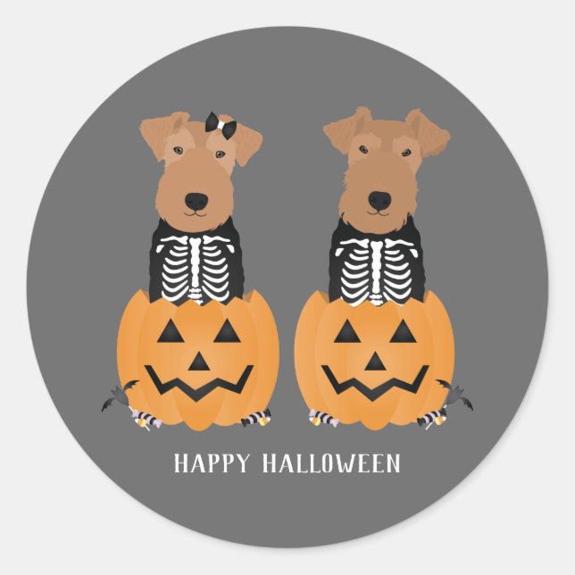 Welsh Terrier Halloween Skeleton Runt Klistermärke (Framsida)