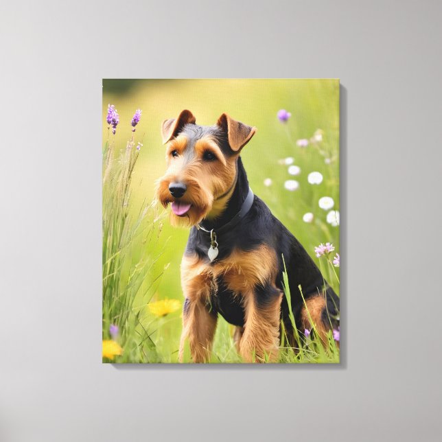 Welsh Terrier i äng med vilda blommor Canvastryck (Framsida)