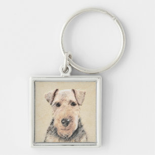 Welsh Terrier-målning - Cute Original Hund Art Fyrkantig Silverfärgad Nyckelring