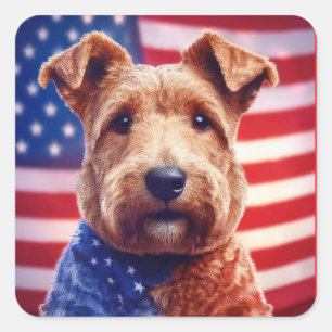 Welsh Terrier med American Flagga och Bandana Fyrkantigt Klistermärke