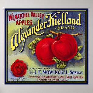 WENATCHEE VALLEY APPLES FRUIT LÅDA ETIKETT 1910 POSTER