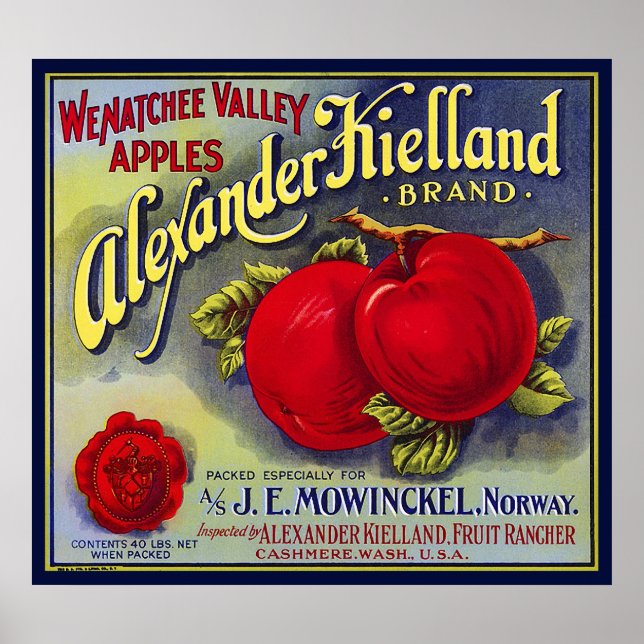 WENATCHEE VALLEY APPLES FRUIT LÅDA ETIKETT 1910 POSTER (Framsidan)