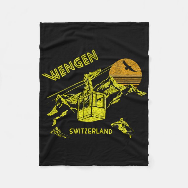 Wengen Switzerland Retro Skiing Tee  Fleecefilt (Framsidan)