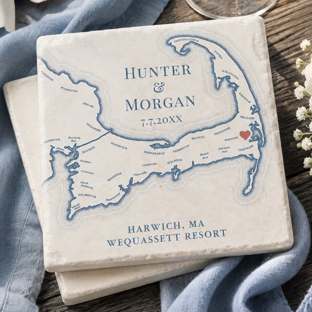 Wequassett Resort Bröllopspresent Cape Cod Karta Stenunderlägg (Wequassett Resort Wedding Favor Cape Cod Map Stone Coaster keepsake gift by Coastal Map Designs)