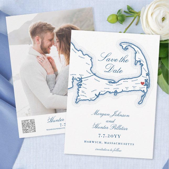 Wequassett Resort Cape Bröllop QR-kod Spara Datumet (Wequassett Resort Wedding Save the Date with QR Code and Photo in elegant navy blue)
