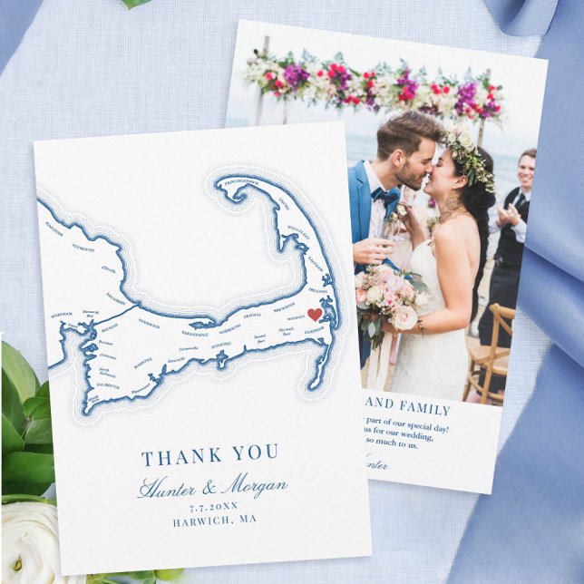 Wequassett Resort Cape Cod Bröllop Photo Tack Kort (Wequassett Resort Cape Cod Flat Thank You Card with Wedding Photo from Coastal Map Designs.)