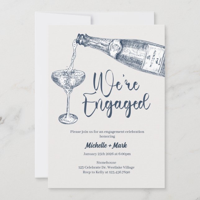 We're Engaged, Champagne Engagement, minimal Inbjudningar (Framsida)