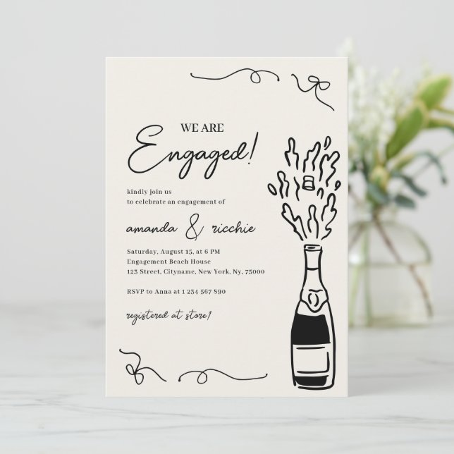 Were Engaged Hand Drawn Champagne Engagement Party Inbjudningar (Stående Fram)