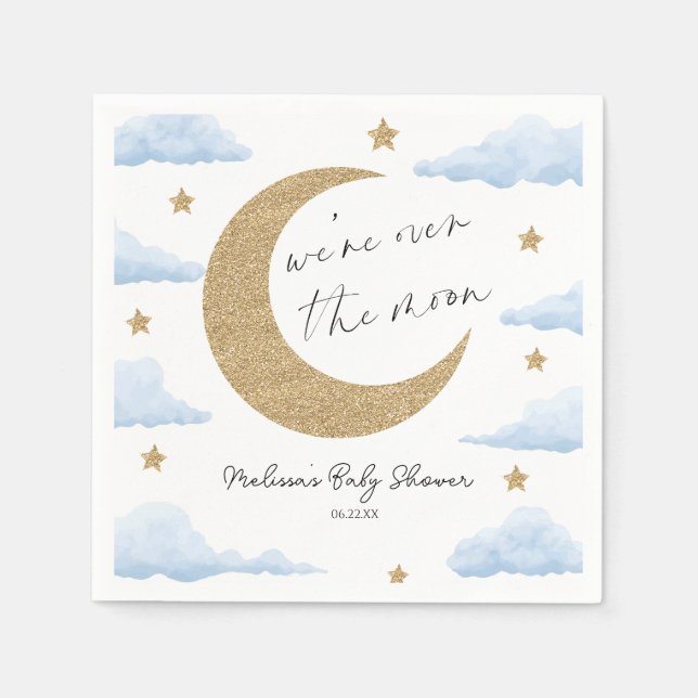 We're Over The Moon Blue Celestial Baby Shower Pappersservett (Framsidan)