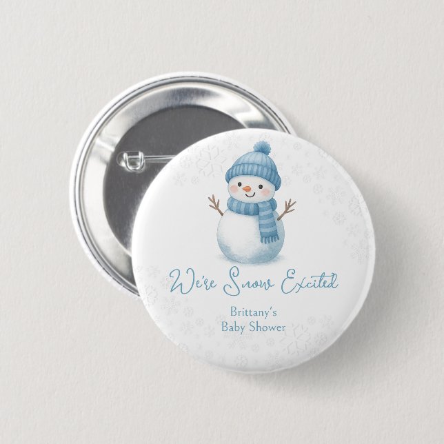 We're Snow Excited Snowmen Boy Baby Shower Knapp (Framsida & baksida)