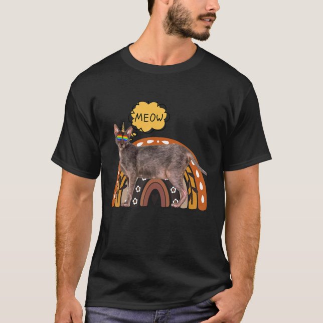 Werevarg Cat Lykoi Meow Horn med regnbågsglas T Shirt (Framsida)
