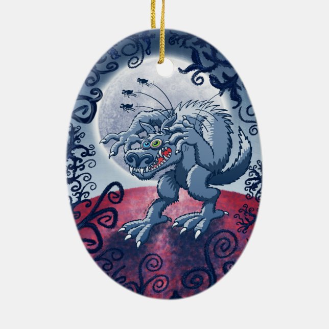 Werewolf som skrapar spöklika loppor julgransprydnad keramik (Baksidan)