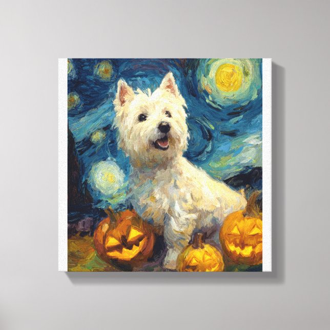 West Highland Terrier Söt Hund Halloween Jack O La Canvastryck (Framsida)