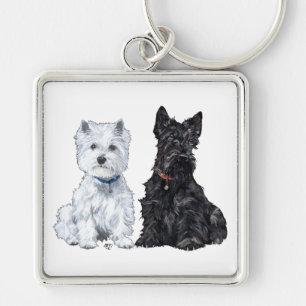 West Highland White & skotska terrier Fyrkantig Silverfärgad Nyckelring