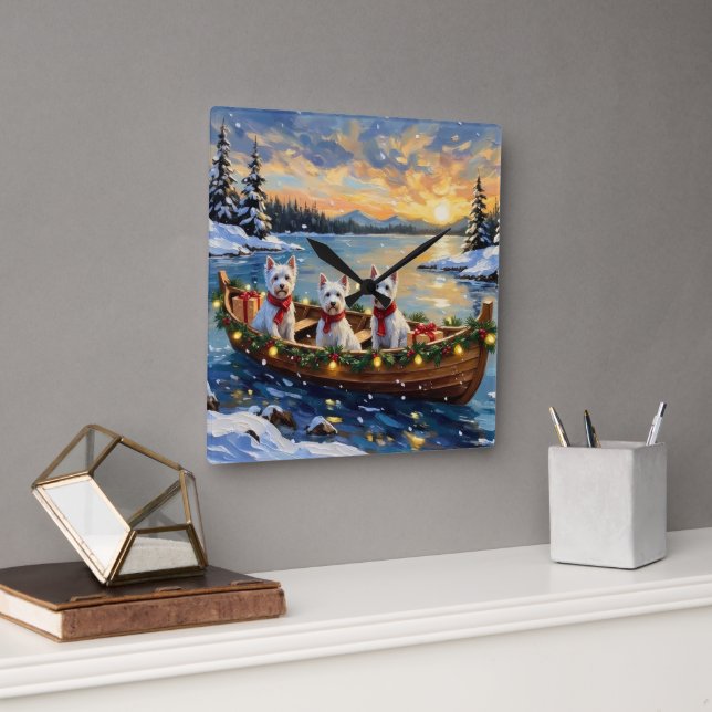 West Highland White Terrier Christmas Boat Holiday Fyrkantig Klocka (Kontor)